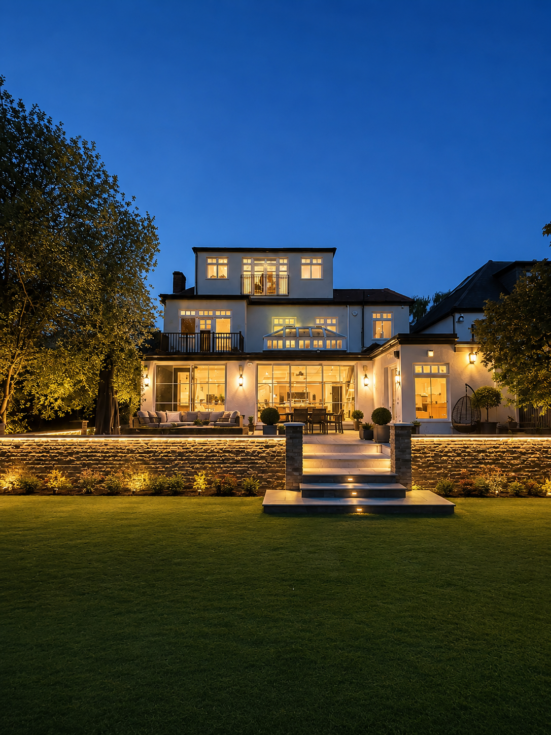 Elegant detached home at night, with landscaped garden and illuminated glazing