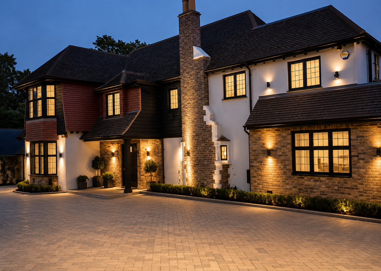 Completed residential new build at dusk with warm exterior lighting